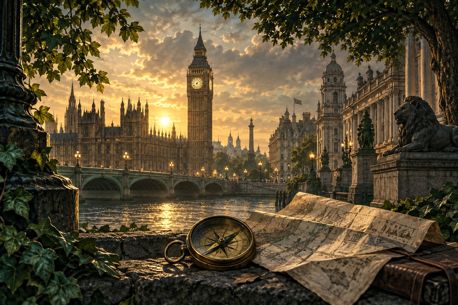 Illustrated London adventure with Elizabeth Tower, sunlit stone architecture and an explorer’s compass