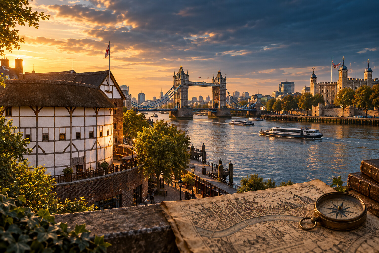 Cinematic London riverside adventure with Shakespeare’s Globe, Tower Bridge, a map and compass
