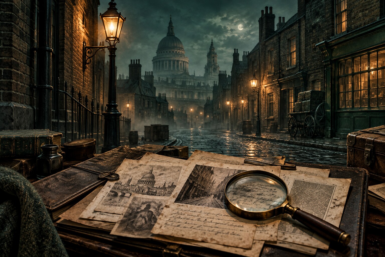 Illustrated Victorian investigation with a lamplit Whitechapel street, case papers and a magnifying glass